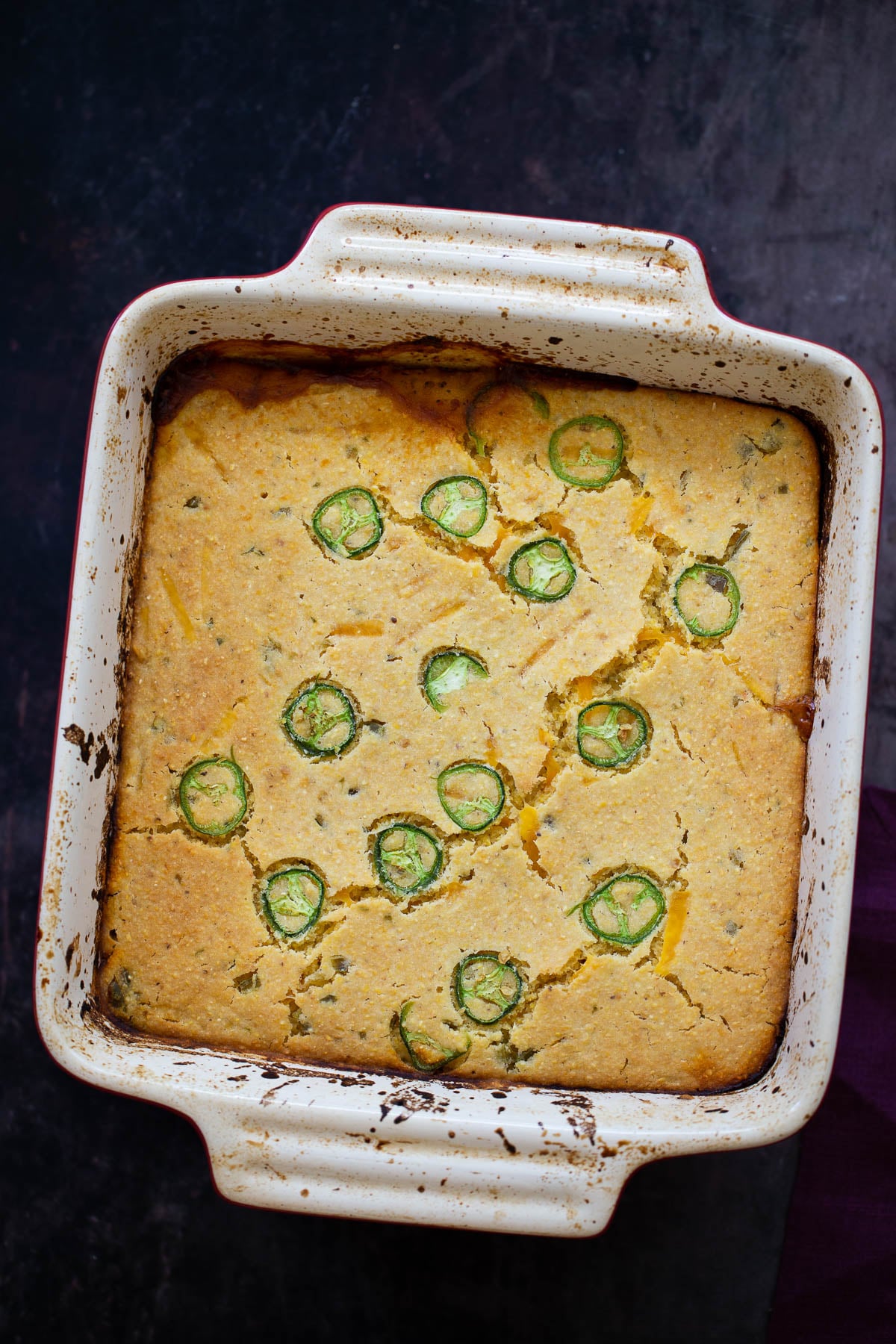 overhead shot of a casserole dish with chili cornbread casserole
