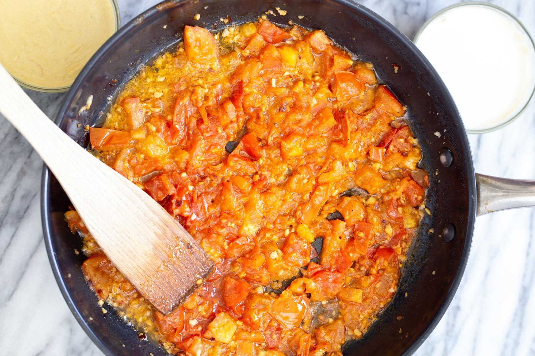 vegan tomato sauce in a frying pan