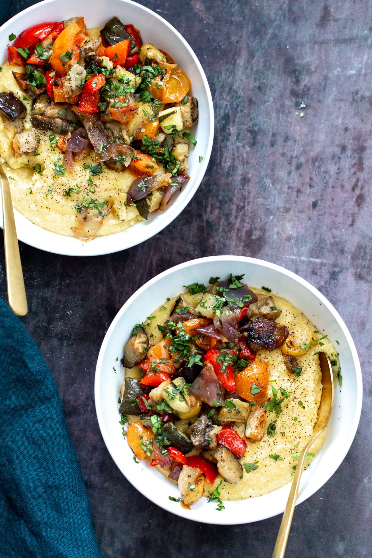 sheet pan ratatouille served over vegan polenta