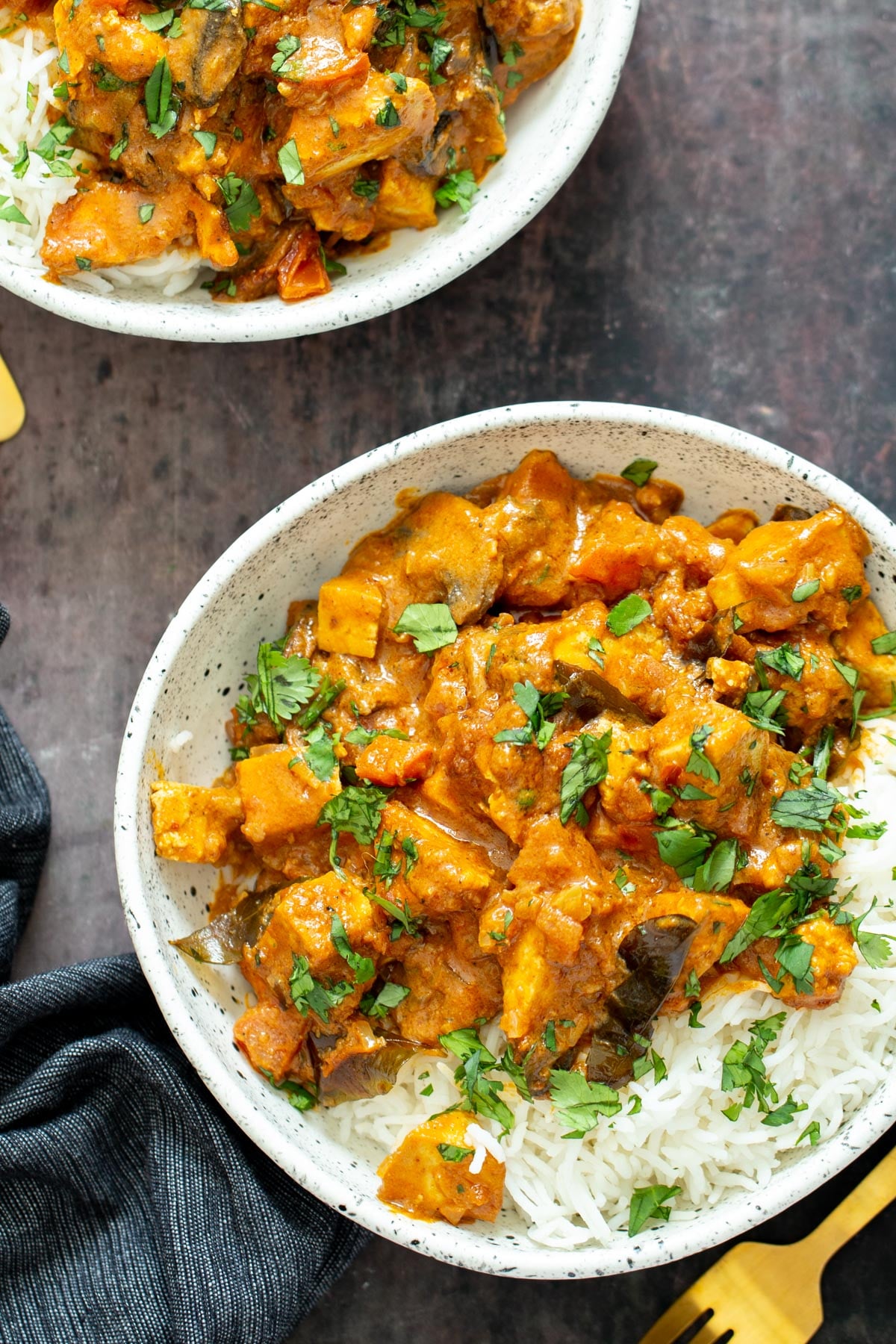 tofu casserole plate with rice and Indian Tofu Casserole