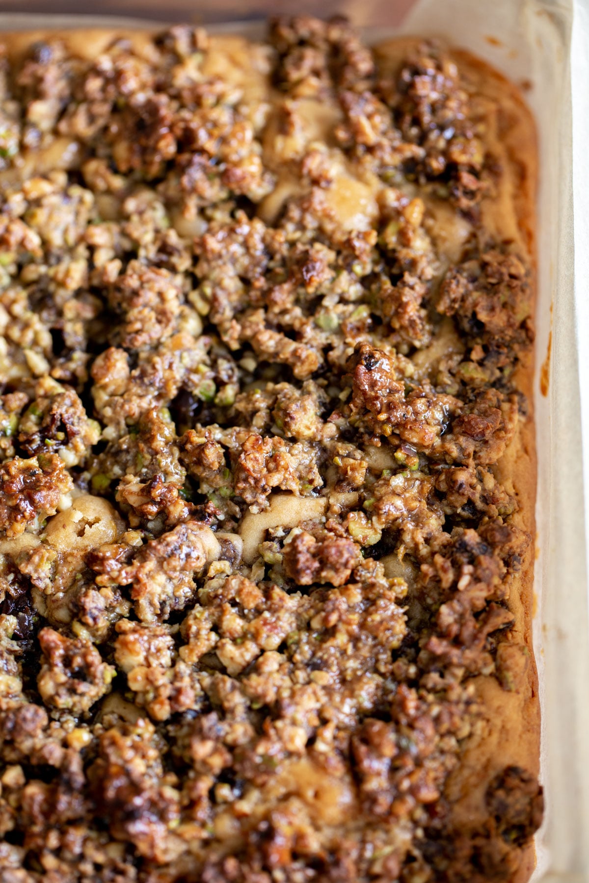 overhead shot of vegan baklava cake baked in a brownie pan 