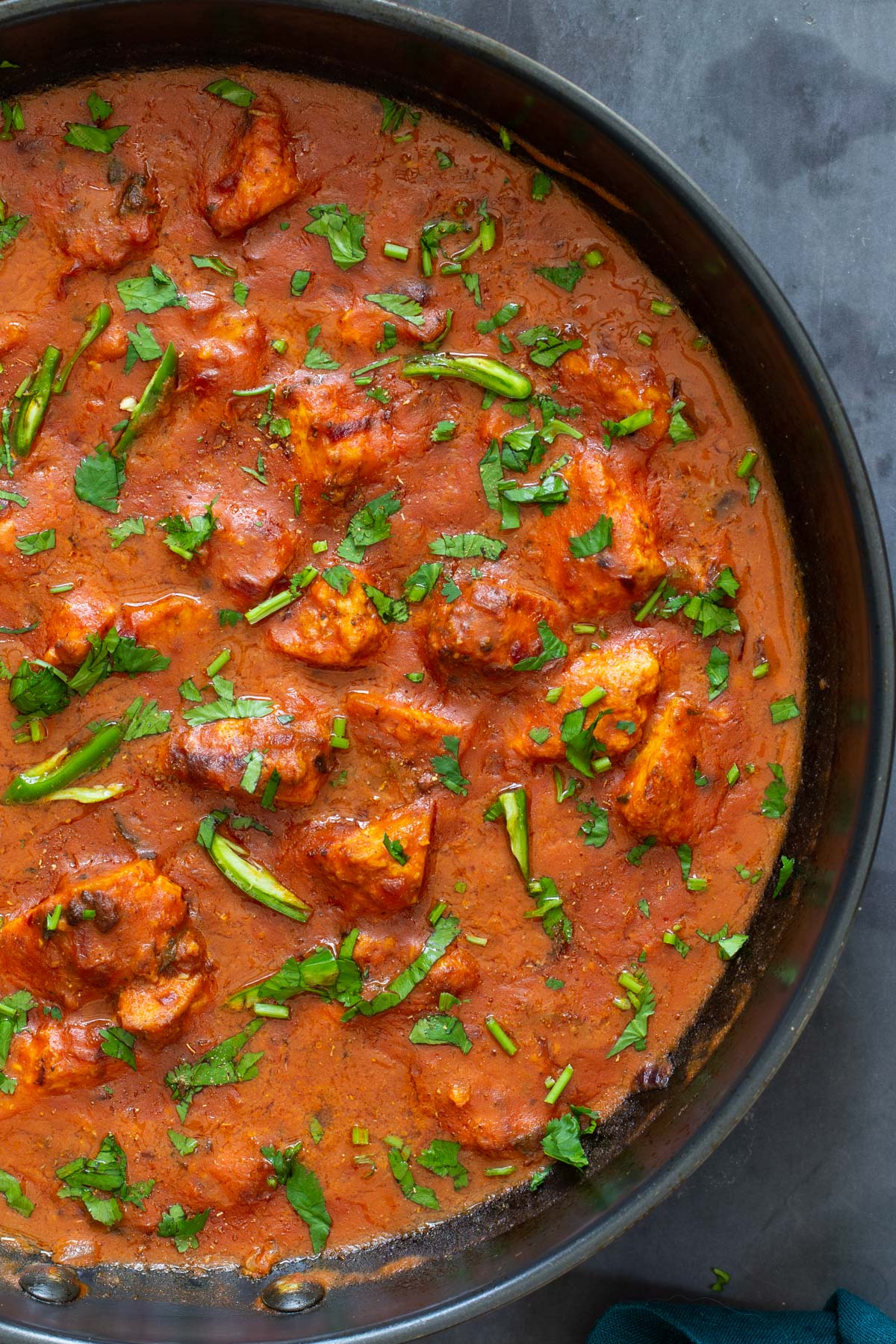 vegan chicken changezi in a black skillet 