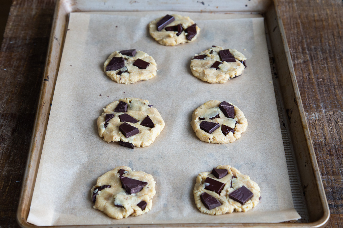 almond flour chocolate chunk cookies on a baking sheet