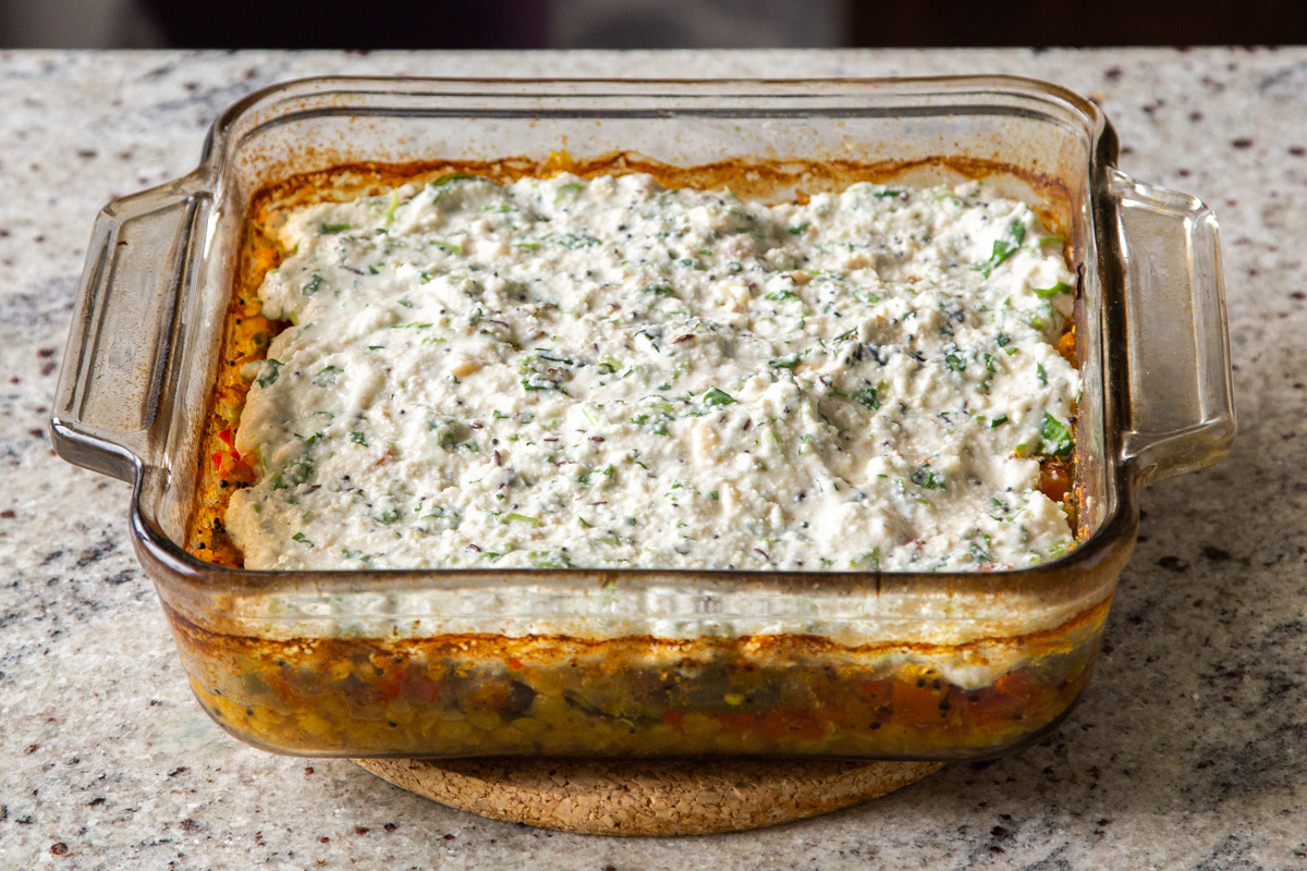 assembled Idli Sambhar casserole before baking
