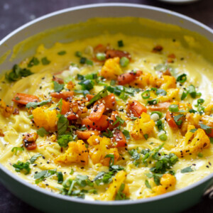 side photo of vegan kadhi pasta with veggies, so you can see the texture of the veggies