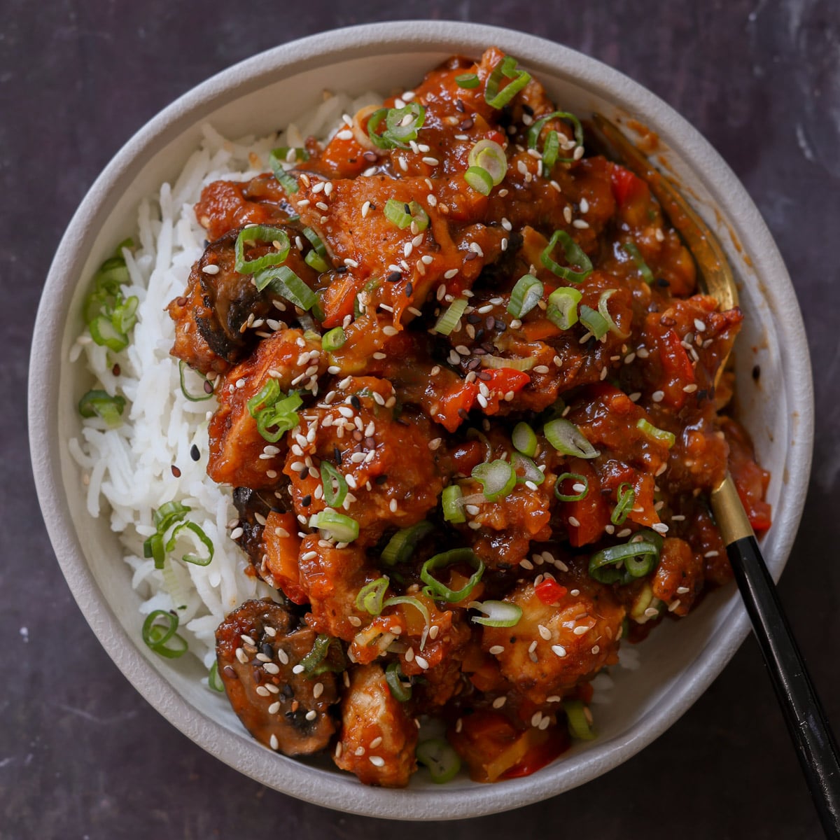 baked mushroom tofu stir fry in a bowl