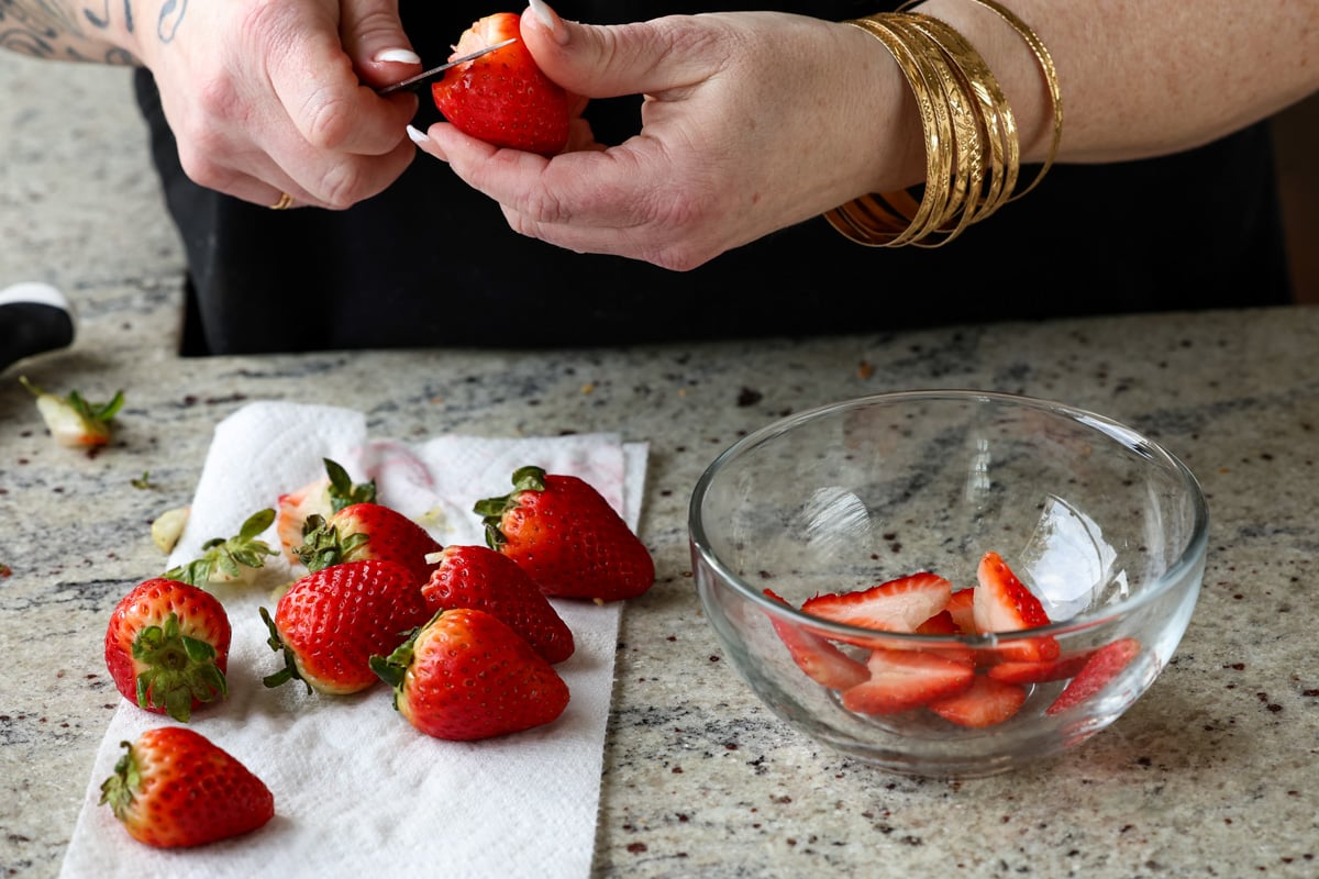 slicing the strawberries
