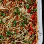 close-up of unstuffed pepper casserole in the baking pan