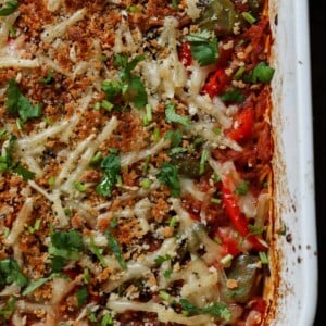 close-up of unstuffed pepper casserole in the baking pan