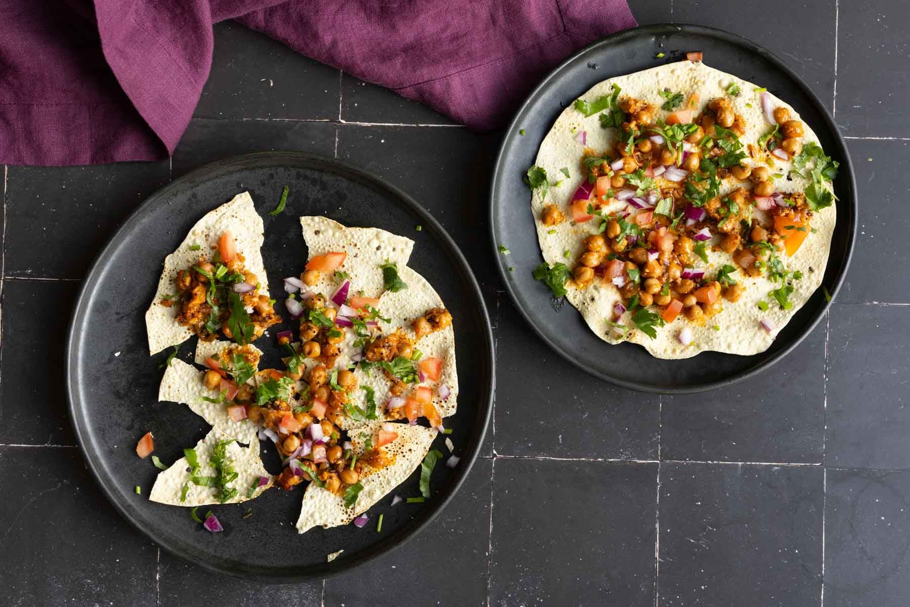 papadum nachos made with chili garlic chickpeas and crispy potatoes
