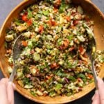 tossing lentil dip together in the bowl